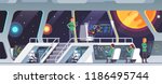 Interstellar spaceship main bridge interior with captain, chief officer and crew working. Inside science fiction intergalactic pioneers ship deck. Space travelers on mission. Flat vector illustration