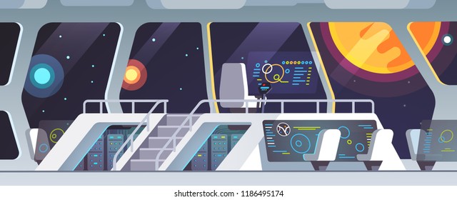 Interstellar Spaceship Main Bridge Interior Big Window View At Nearby Star. Inside Science Fiction Intergalactic Space Ship Deck With Transparent Touch Screens And Crew Chairs. Flat Vector Illustratio