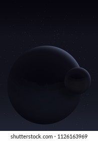 Interstellar travel and space tourism. The dark side of the planet and its moon. Scientific research of weightlessness. The cosmic landscape is in dark tones