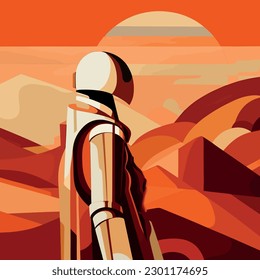 Interstellar Voyage, Artistic Illustration of Astronaut on Mars in Abstract Art Deco Poster