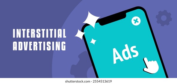 Interstitial ads and in-app advertising banner highlighting user engagement, native ad content, programmatic monetization and targeted mobile marketing strategies. Digital marketing vector header