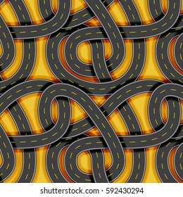 Intertwined asphalt road seamless pattern, endless twisted road or highway vector illustration. Gorgeous transportation, wrapping paper, website, poster, advertisement, presentation background.