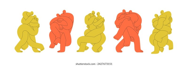 Cuerpos entrelazados. Amigos retorcidos y parejas de amor abrazándose juntos, fusionándose. Relaciones cercanas, concepto de unión. Ilustraciones vectoriales gráficas planas aisladas sobre fondo blanco