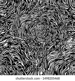 Intertwined branches of a tree or rhizome. Vegetable seamless ornament for decoration or design of packaging, textiles, Wallpaper. Black and white vector illustration, background. Art.