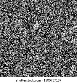 Intertwined branches of a tree or rhizome. Vegetable seamless ornament for decoration or design of packaging, textiles, Wallpaper. Black and white vector illustration, background. Art.