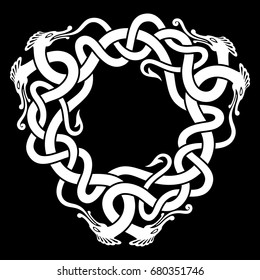 Intertwined Celtic or Scandinavian dragons. Ornamental ring of knotted mythical beasts. Ancient, medieval symbol of the Vikings. Fashionable folk motif for tattoos, prints and plates. Original design.