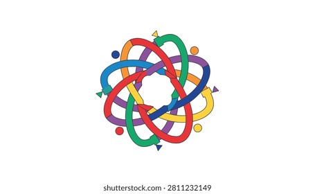 Intertwined colorful loops forming abstract circular pattern with various shades for creative logo design and modern graphic art projects.