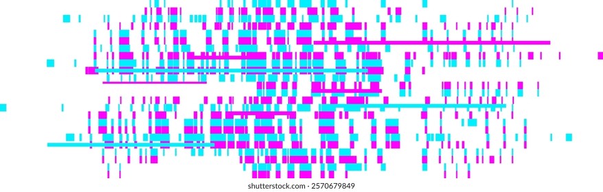 Intertwined cyan and magenta lines and squares create a vibrant and energetic abstract composition, evoking a sense of movement and dynamism against a clean white background