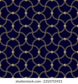 Intertwined damask pattern with golden jewelry chains, beads on dark blue background. Vintage geometric backdrop. Classic elegance design.