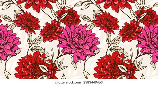 Intertwined flower stems in a seamless pattern on a beige background. Creative, stylized, red dahlia flowers and leaves colorful print. Vector hand drawn. Template for design, fabric, fashion, textile