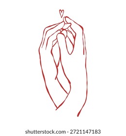 Manos entrelazadas de amantes. Símbolo romántico. Ilustración de contorno rojo de Vector para el día de San Valentín, bodas