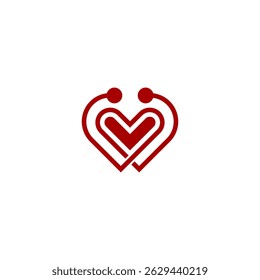 Intertwined heart and stethoscope design.  A red, stylized heart is formed by two connected stethoscope-like curves
