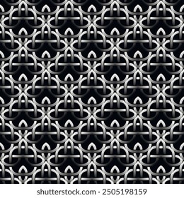 Intertwined intricate silver lines and shapes 3d celtic grid seamless pattern. Vector ornamental elegant lattice background. Repeat backdrop. Modern ornate beautiful ornaments. Endless 3d texture.