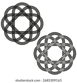 Padrões de nó entrelaçados. Elementos estelares abstratos. Ilustrações decorativas em vetor. Formas emaranhadas ornamentadas. EPS 10.
