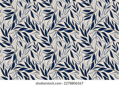 Hojas entrelazadas sin soldadura patrón azul oscuro en el diseño de fondo crema para tela textil, interior, papel de pared, fondo, cubierta de libro, papel de envoltura, tarjeta, artesanía