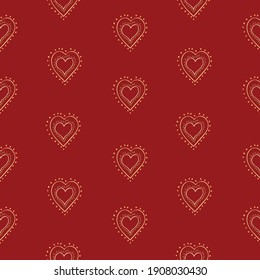 Los corazones de línea entrelazados son un patrón impecable. El beige y el oro en el fondo rojo. Patrón de repetición sin problemas, perfecto para la invitación de San Valentín, tarjetas y fondo de pantalla. Estilo Doodle