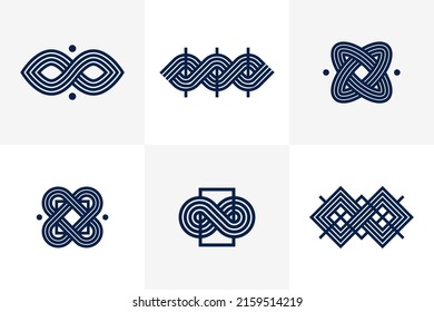 Intertwined lines vintage style icons collection, abstract geometric linear symbols vector set, graphic design elements for logo creation.