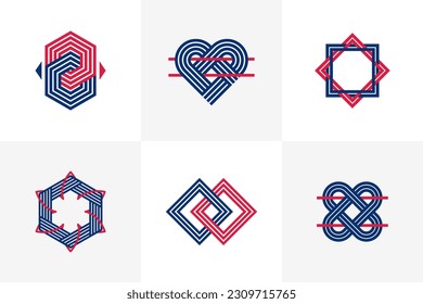 Intertwined lines vintage style icons collection, abstract geometric linear symbols vector set, graphic design elements for logo creation.