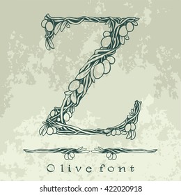 Intertwined olive tree branches with fruits and leaves - floral alphabet - vector lettering illustration