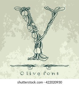 Intertwined olive tree branches with fruits and leaves - floral alphabet - vector lettering illustration