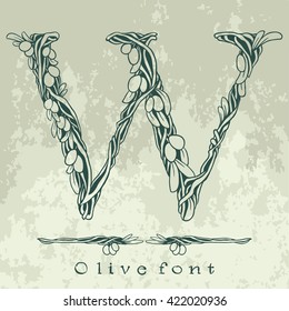 Intertwined olive tree branches with fruits and leaves - floral alphabet - vector lettering illustration