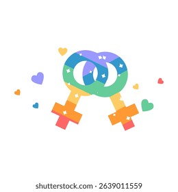 Intertwined Rainbow Pride Female Symbols with Colorful Hearts