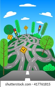 Intertwined Roads With Road Signs. Curvy Roads. Vector Illustration