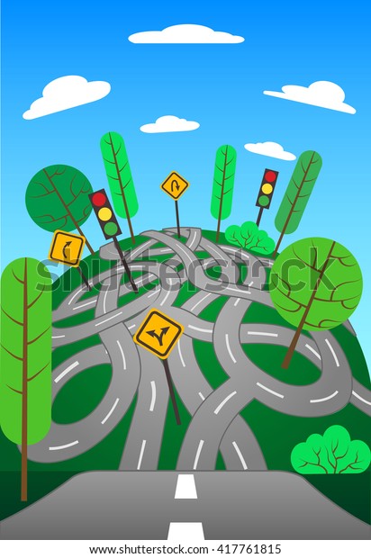 Intertwined roads with road signs. Curvy\
roads. Vector\
illustration