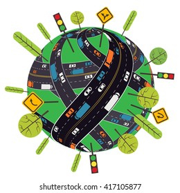 Intertwined roads with a lot of trucks and cars in the white background. Vector illustration with globe, highway, trees and road signs
