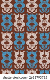 Intertwined snakes in crowns, linocut style, vector seamless pattern, wallpaper background