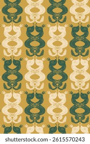 Intertwined snakes in crowns, linocut style, vector seamless pattern, wallpaper background