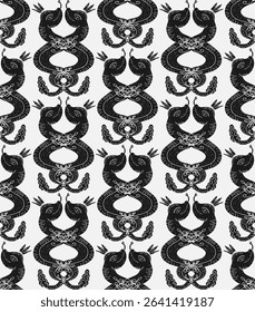 Intertwined snakes in crowns, linocut style, vector seamless pattern, wallpaper background