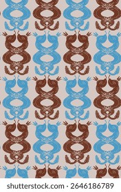 Intertwined snakes in crowns, linocut style, vector seamless pattern, wallpaper background