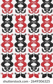 Intertwined snakes in crowns, linocut style, vector seamless pattern, wallpaper background