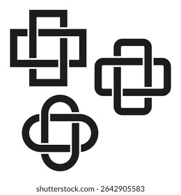 Intertwined square icons. Loop knot shapes. Vector minimal symbols. Black graphic form.