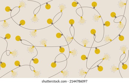 Intertwined string yellow bulb on yellow background. Light bulb vector pattern. Hand drawn light bulbs. Bulb pattern.