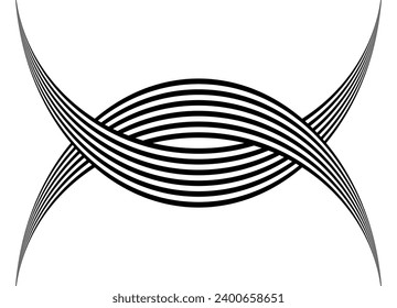 Intertwined vector arcs of black parallel lines on a white background in retro style. Abstract illustration. Modern vector background.