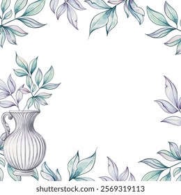 Intertwined watercolor leaves gracefully encircle a beautifully designed vase, showcasing a harmony of soft colors and intricate details template, background, frame