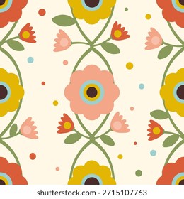 Patrón de vides onduladas entrelazadas sin fisuras en estilo retro de los años 70. Vector de diseño plano con curvas florales de Vertical y follaje, perfecto para textiles de moda bohemio, vestidos y estampados de naturaleza romántica.