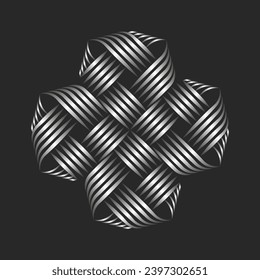 Intertwined weaving pattern Celtic cross shape logo for a jewelry store or workshop, overlapping thin parallel lines of silver threads.