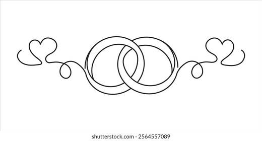 Intertwined wedding rings with elegant heart motifs in continuous line art design. Perfect for wedding invitations, romantic decorations, anniversaries, love themes, engagement, and artistic decor