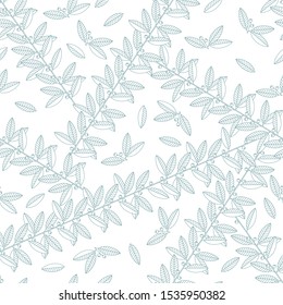 Intertwining branches with leaves and berries. Green on white. Seamless pattern. Vector