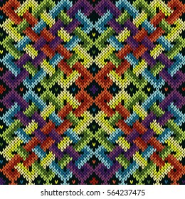 Intertwining colorful geometric lines formed a seamless vector knitting pattern as fabric texture 