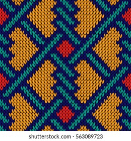Intertwining geometric lines in blue, turquoise and red colors over orange background, seamless knitting vector pattern as a fabric texture