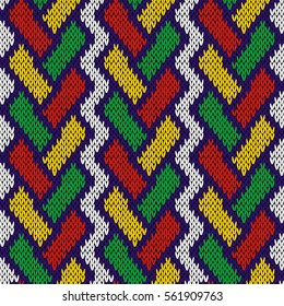 Intertwining geometric lines in red, green, yellow and blue colors over white background, seamless knitting vector pattern as a fabric texture