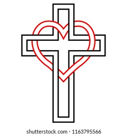 Intertwining of the heart and the Christian cross, vector symbol of faith and love to God. Christian symbol