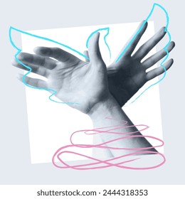 Intertwining of human hands is like the wings of a bird. Freedom, ease and peace concept. Vector illustration, collage.