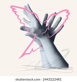 Intertwining of human male hands is like the wings of bird dove drawn line. Freedom, ease and peace concept. Vector art illustration.