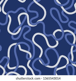 Intertwining Nautical Blue and White Ropes on Dark Blue Background Vector Seamless Pattern. Monochrome Marine Background