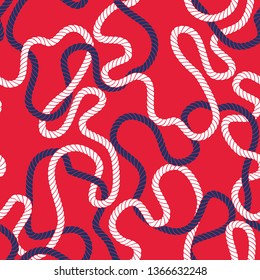 Intertwining Nautical Blue and White Ropes on Red Background Vector Seamless Pattern. Trendy Marine Background